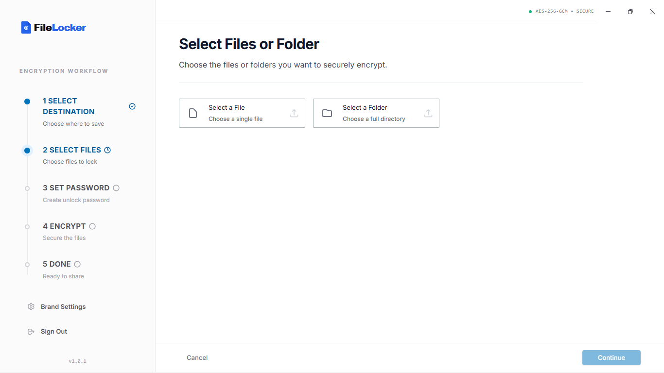 FileLocker file and folder selection screen