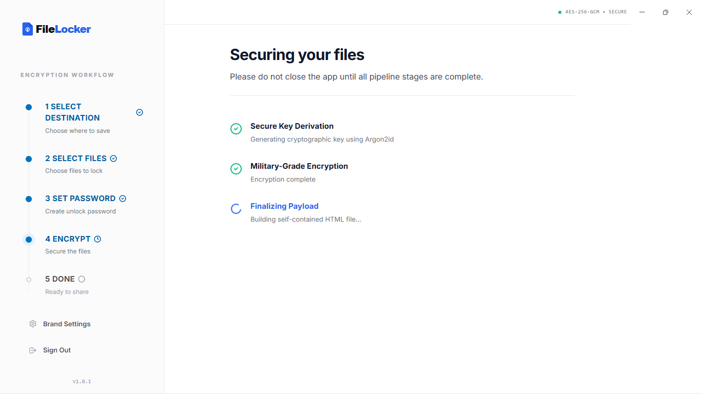 FileLocker encryption progress screen showing AES-256-GCM processing
