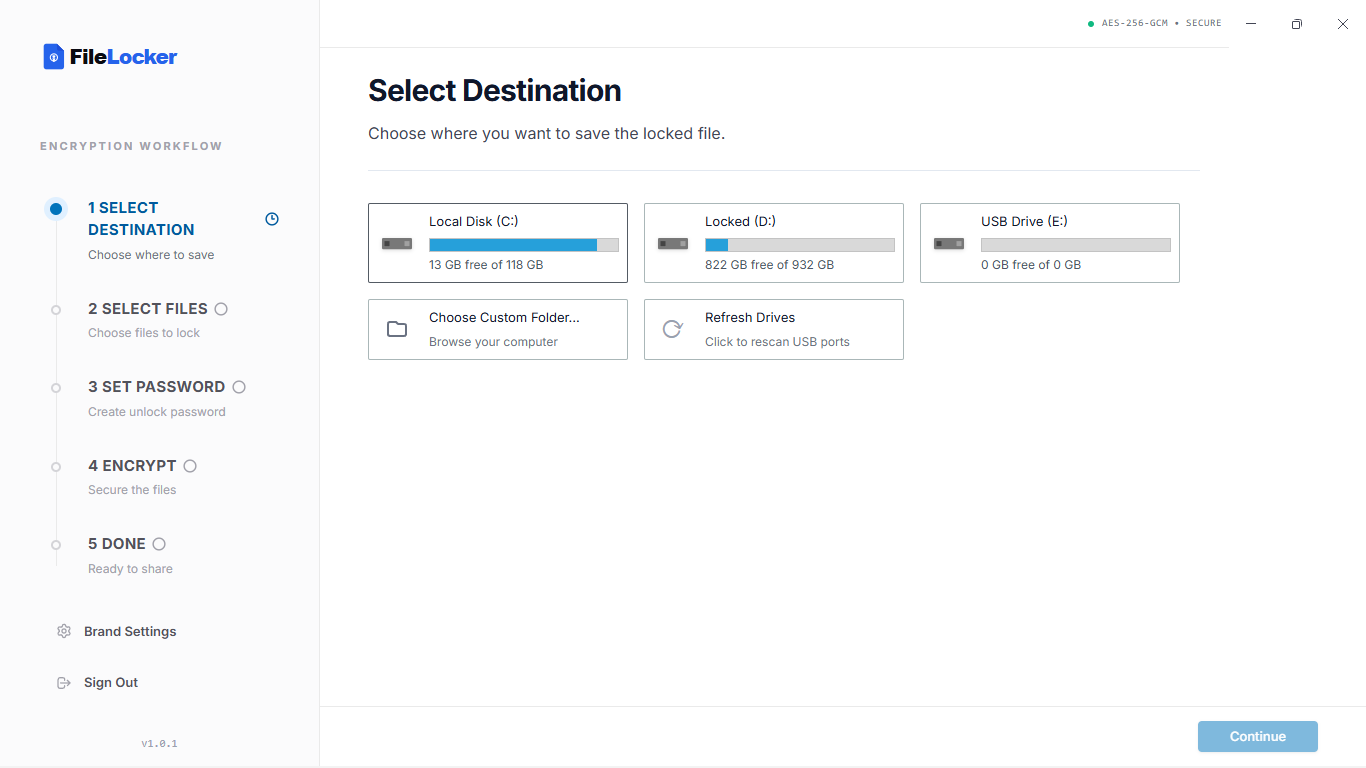 FileLocker app — Select Destination screen showing local disk, locked drive, and USB drive options