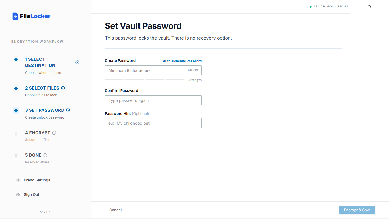 FileLocker Set Password screen with password strength indicator and optional hint field